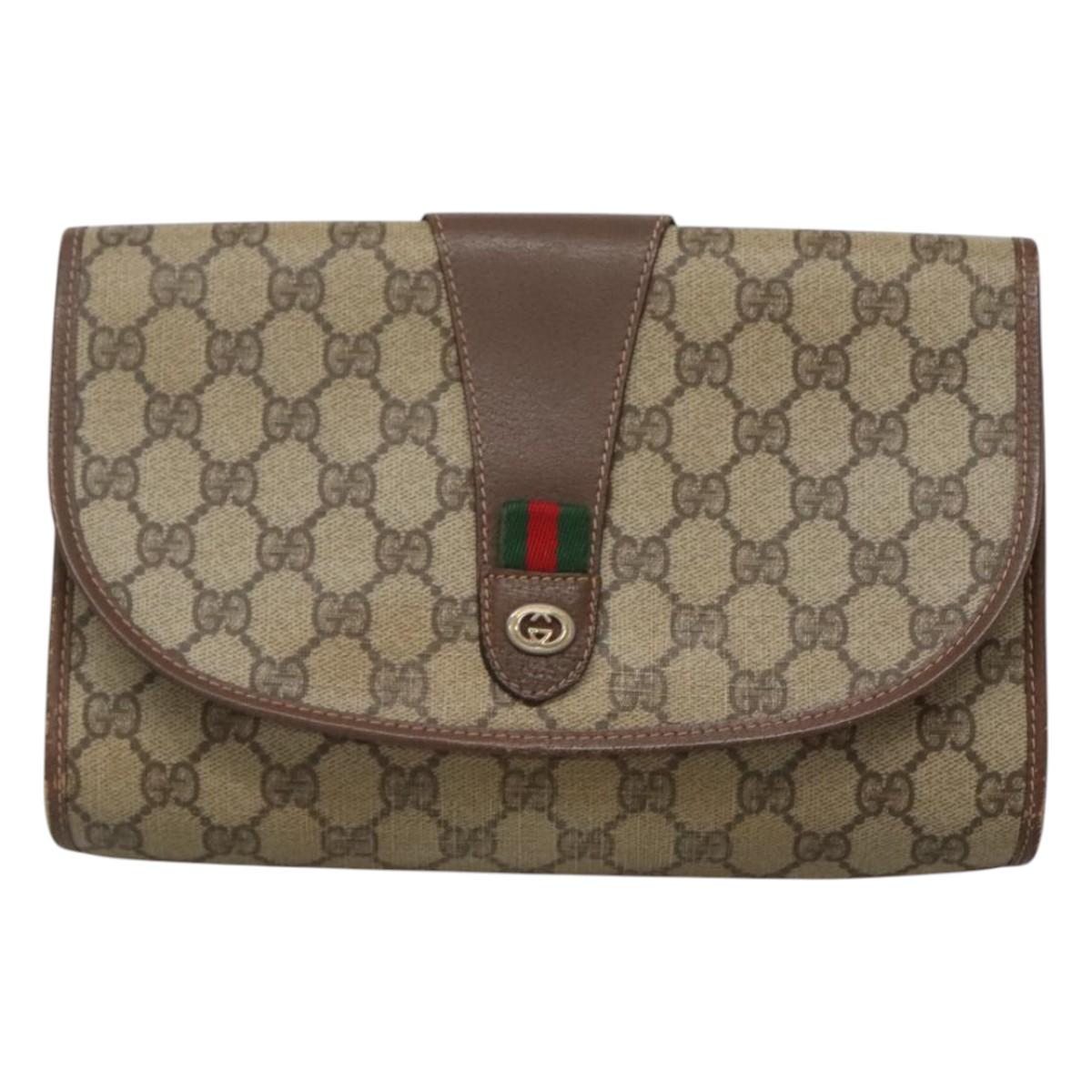 GUCCI GG Supreme Web Sherry Line Bag PVC Beige Gold 156 01