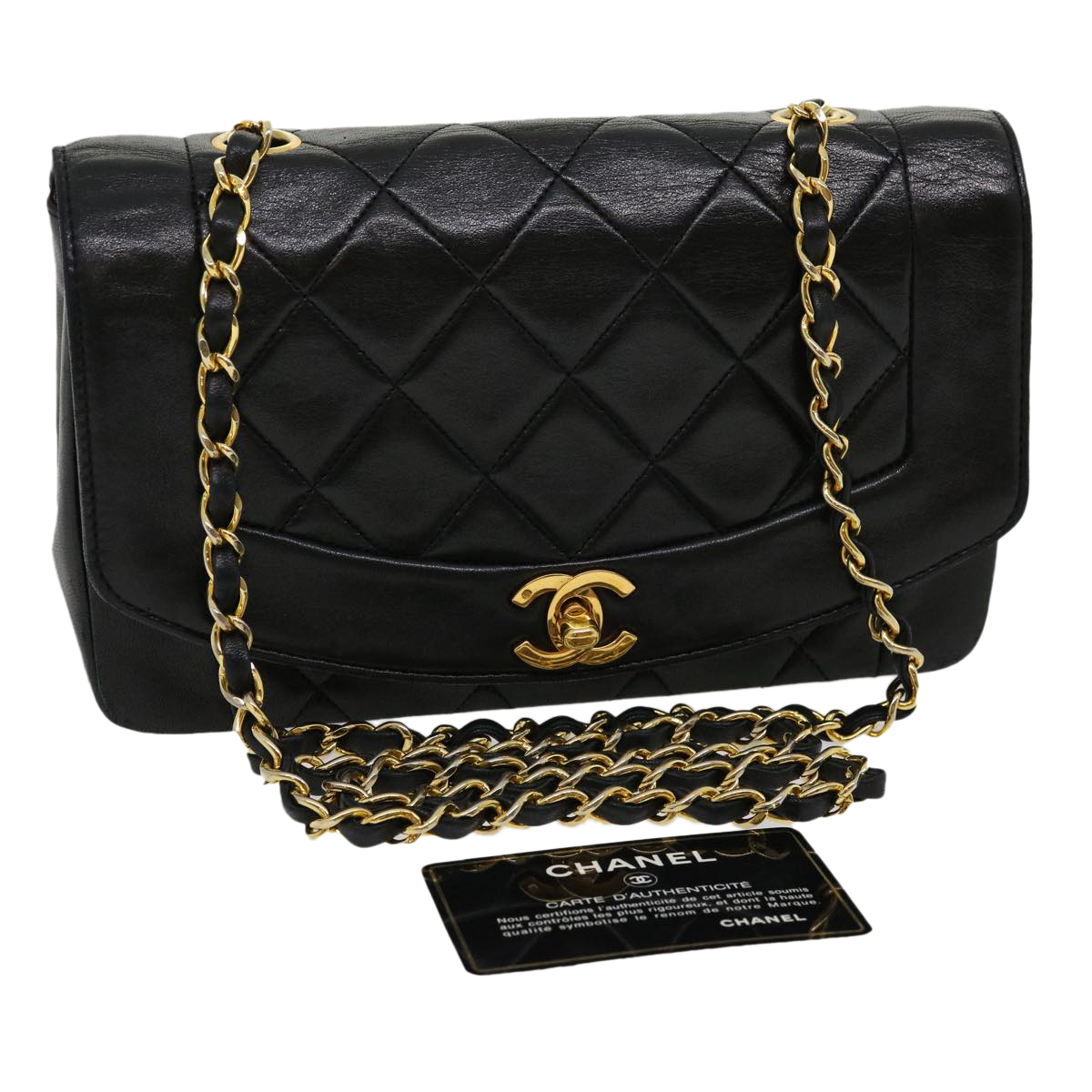 CHANEL Matelasse Diana Turn Lock Chain Shoulder Bag Lamb Skin Black Auth ar7368A