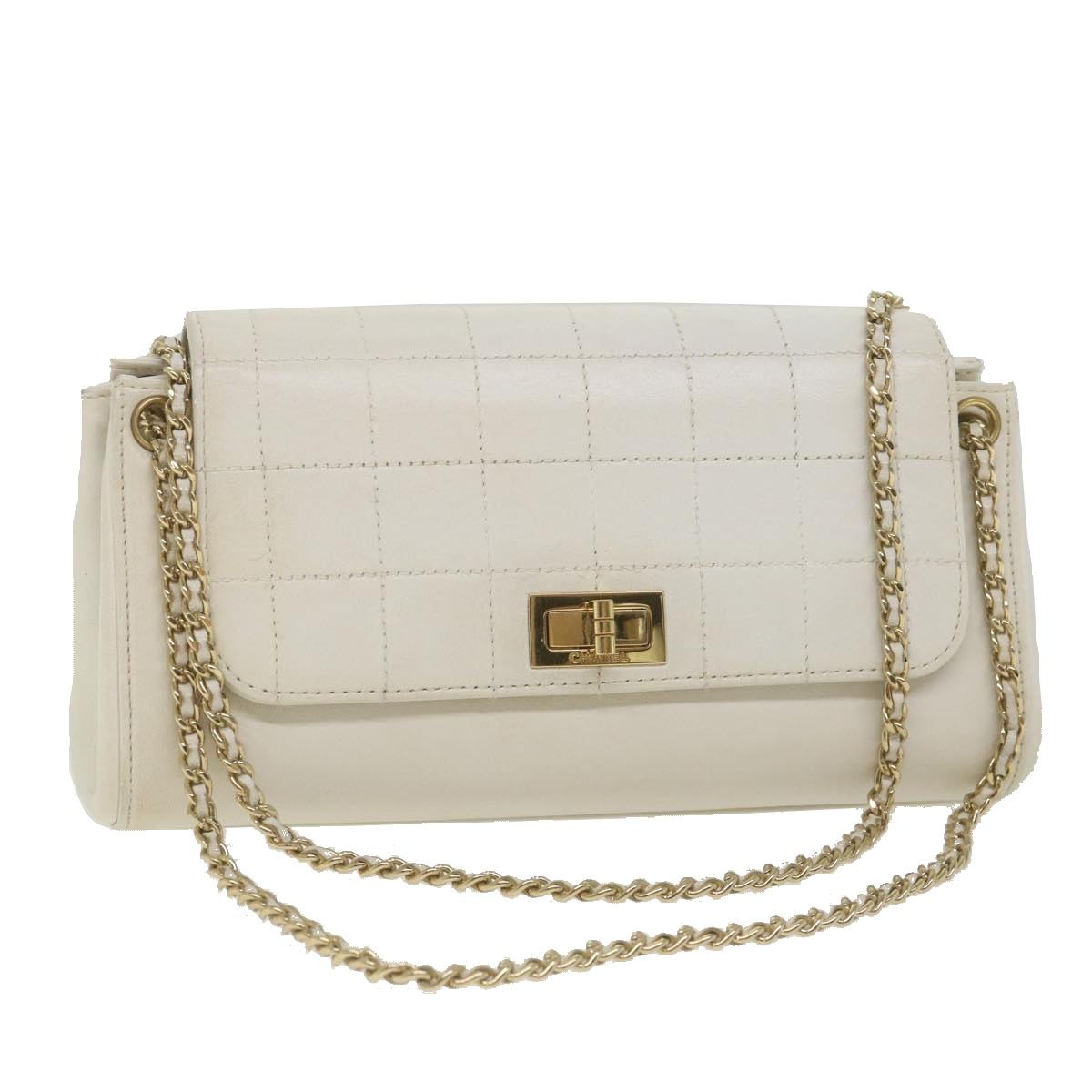 CHANEL Choco Bar line Chain Shoulder Bag Leather White CC Auth bs10047