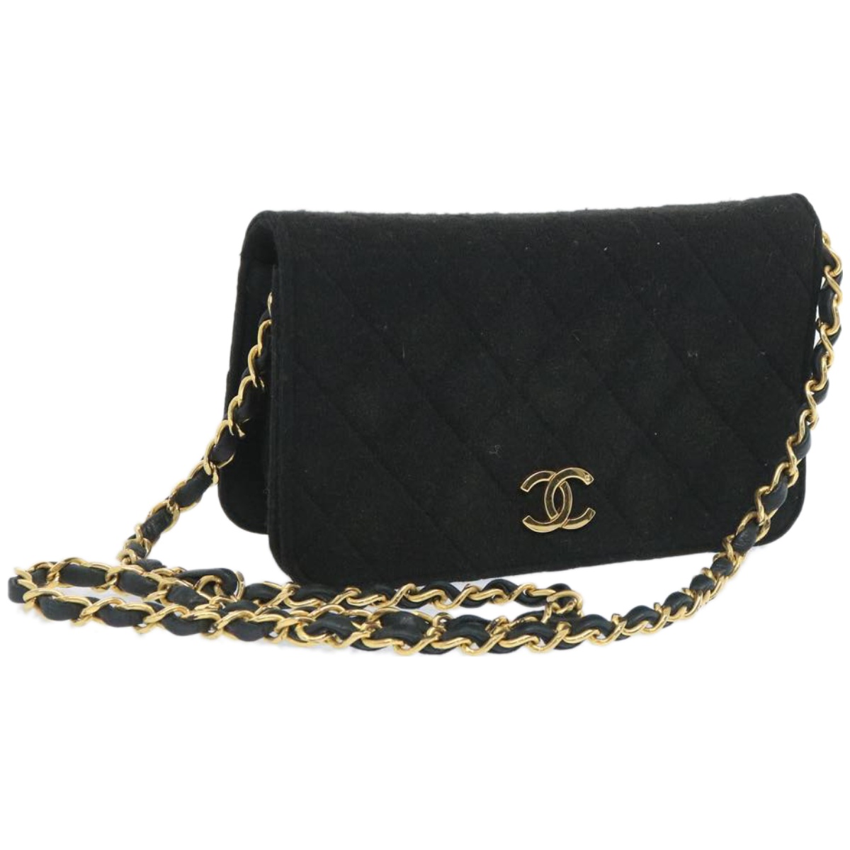 CHANEL Matelasse Chain Shoulder Bag Cotton Black CC Auth bs12038