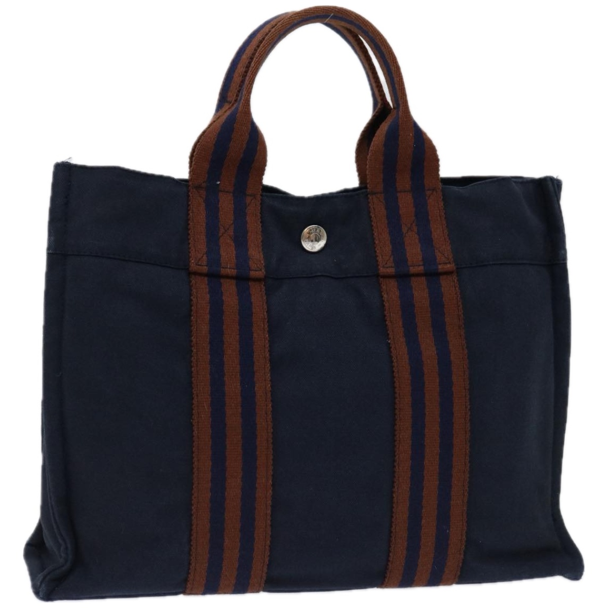 HERMES Fourre ToutPM Hand Bag Canvas Navy Brown Auth bs12475