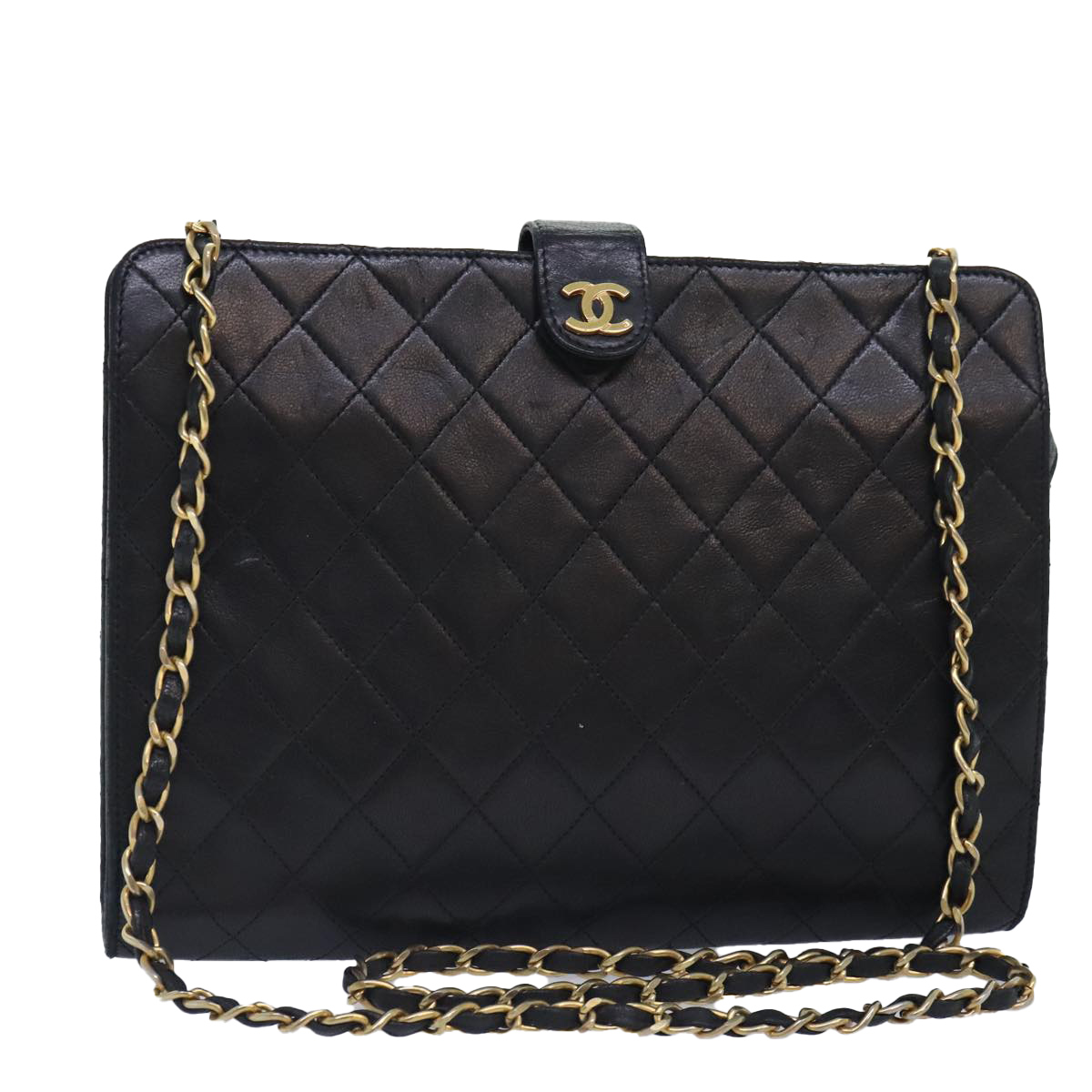 CHANEL Matelasse Chain Shoulder Bag Lamb Skin Black Gold CC Auth bs18351