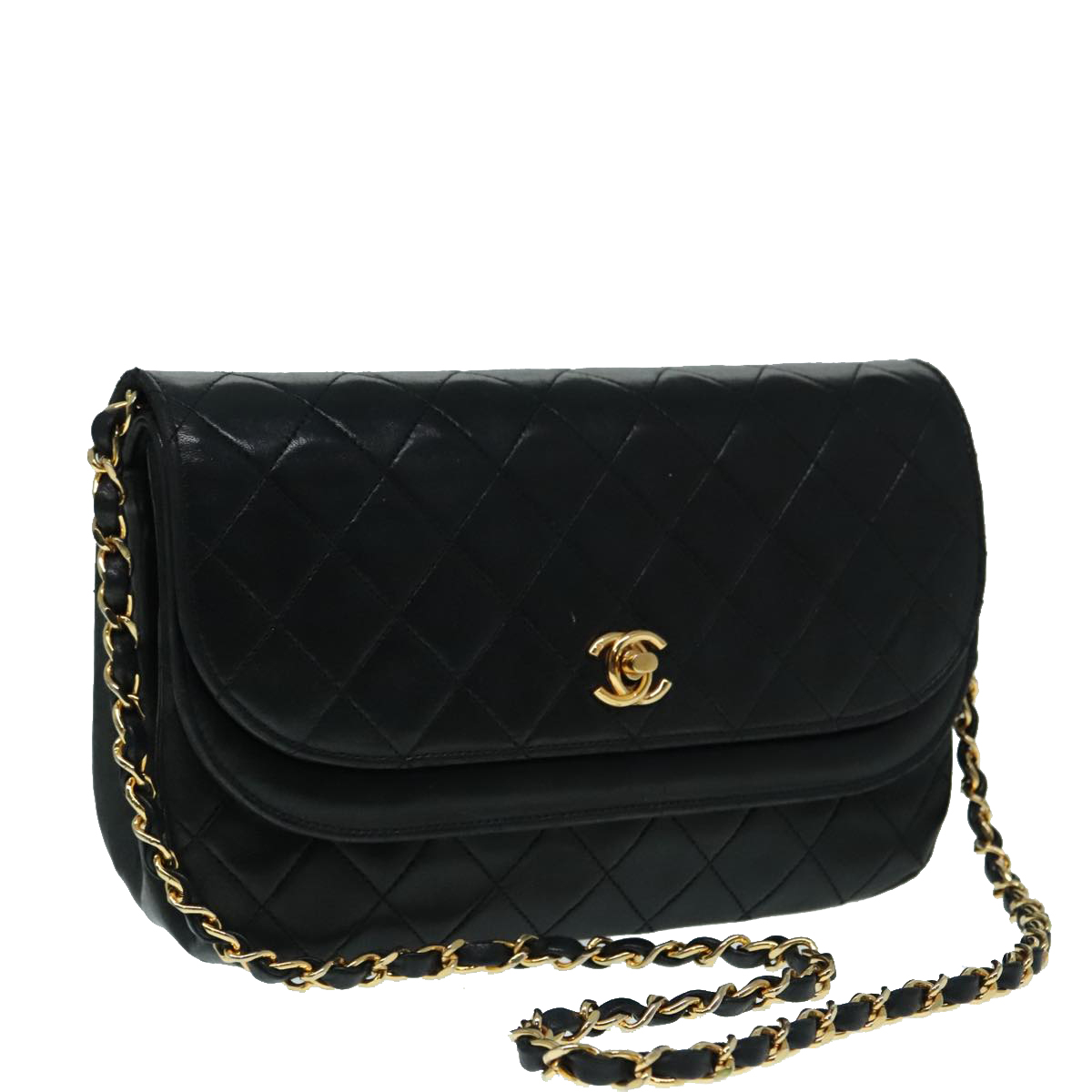 CHANEL Matelasse Chain Shoulder Bag Lamb Skin Gold Black CC Auth bs18449