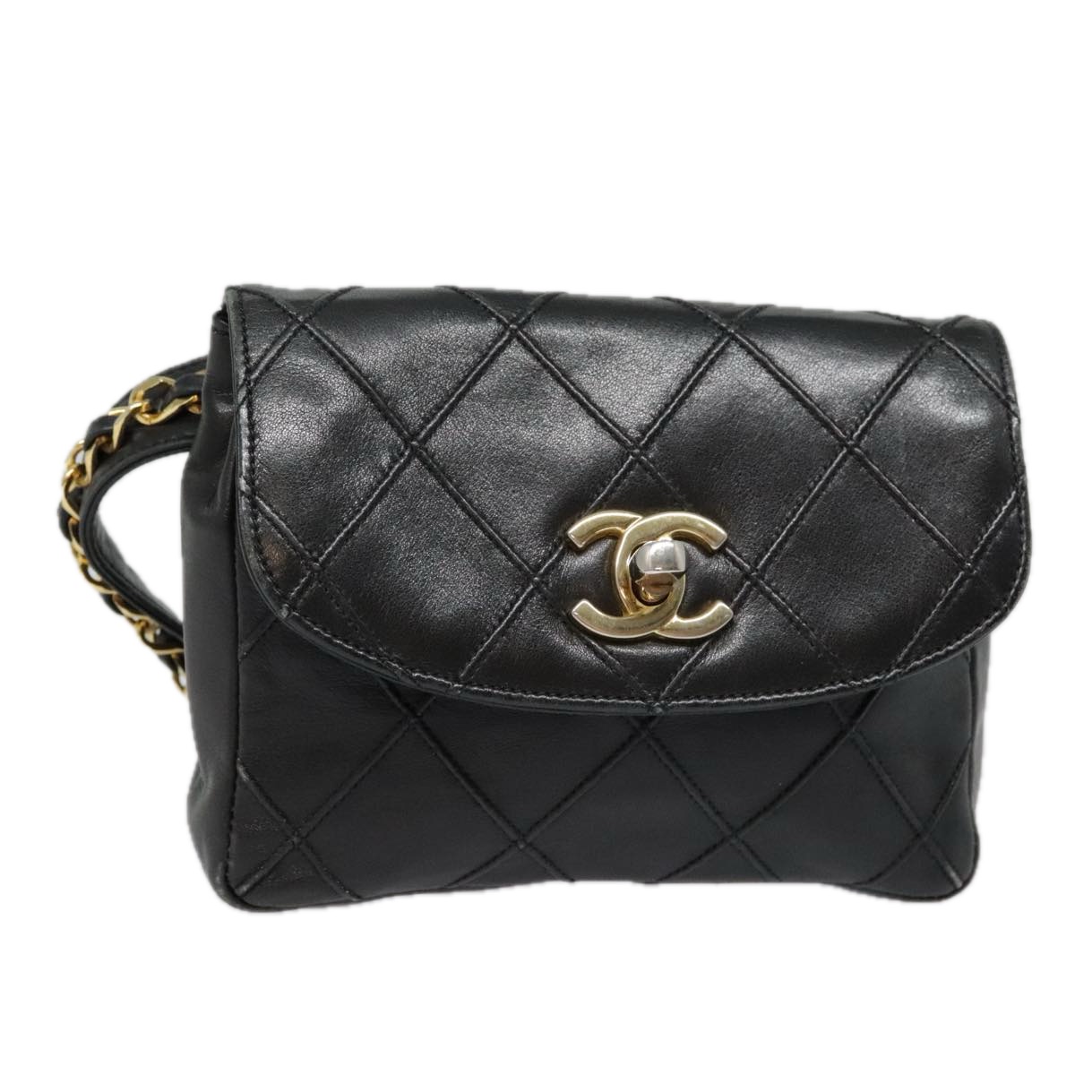 CHANEL Bicolore Chain Waist bag Leather Black Gold CC Auth bs18454