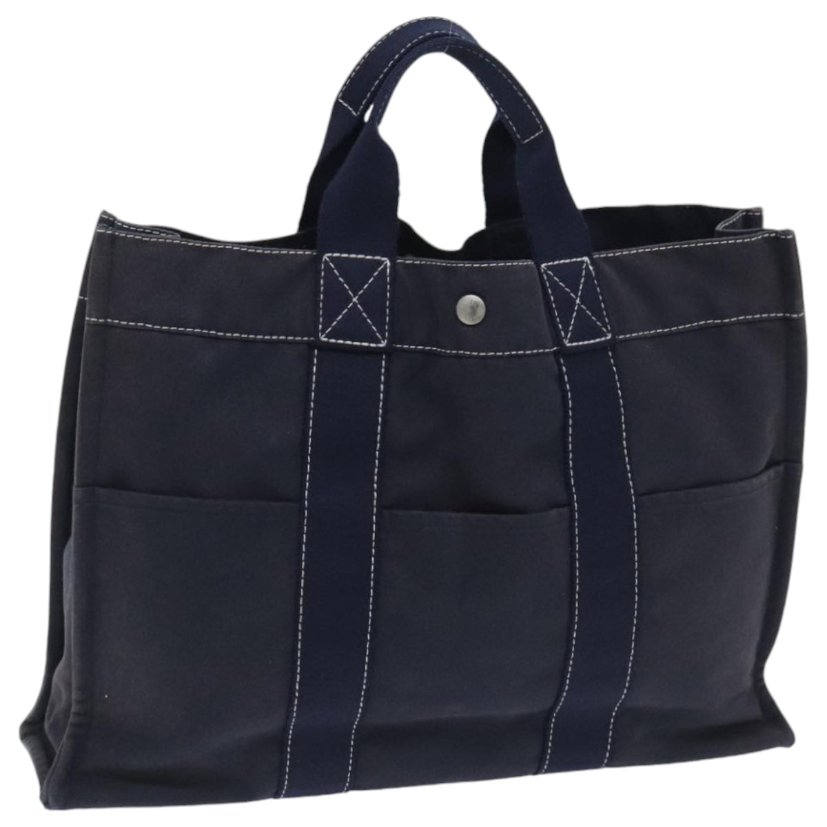 HERMES Deauville MM Tote Bag Canvas Navy Silver Auth bs18608