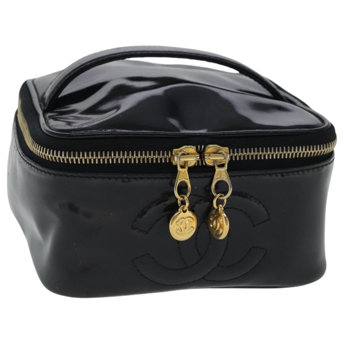 CHANEL Vanity Cosmetic Pouch Patent leather Black Gold CC Auth bs19117