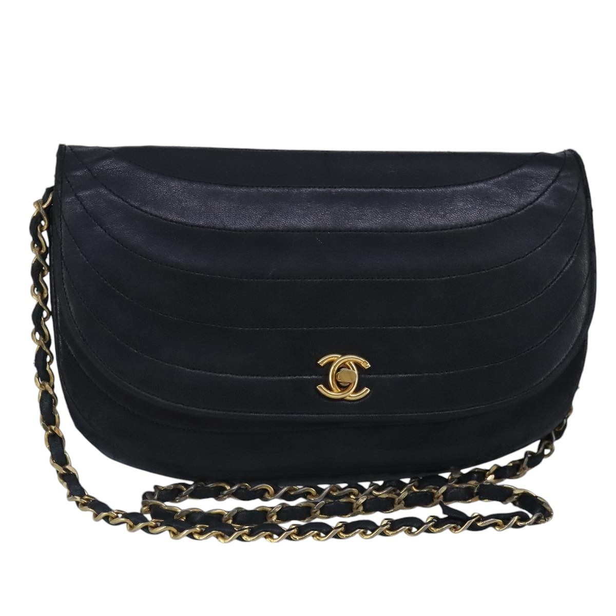 CHANEL Chain Shoulder Bag Lamb Skin Black Gold CC Auth bs19645