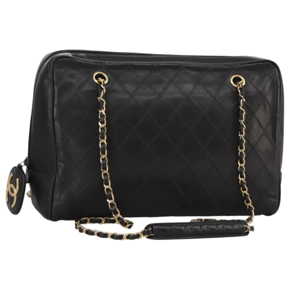 CHANEL Bicolore Chain Matelasse Shoulder Bag Lamb Skin Black CC Auth bs20538