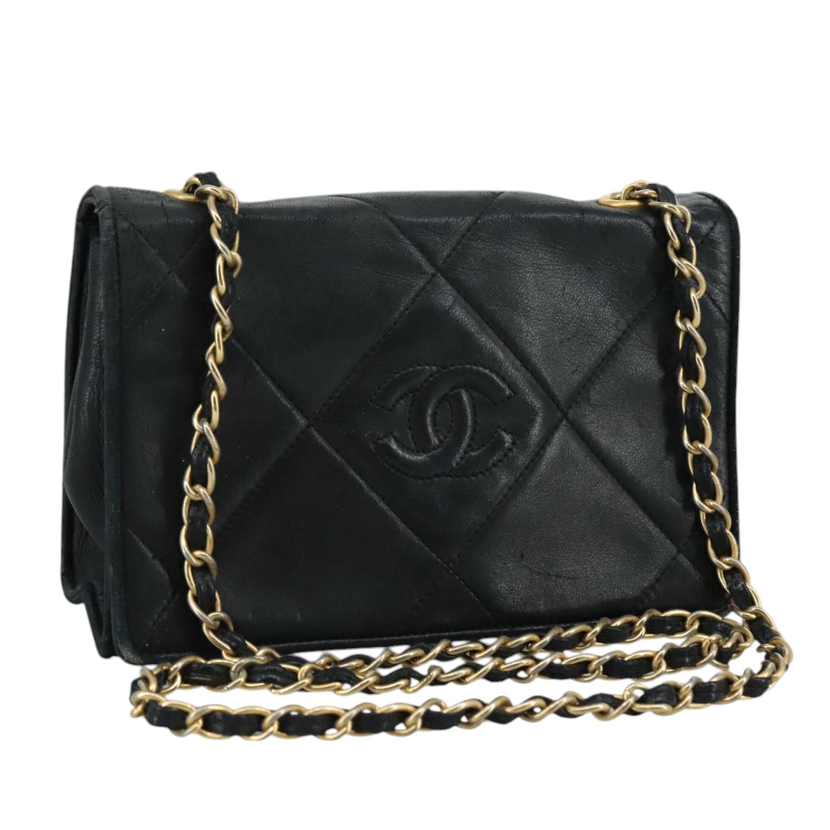 CHANEL Matelasse Chain Shoulder Bag Lamb Skin Black Gold CC Auth bs20900