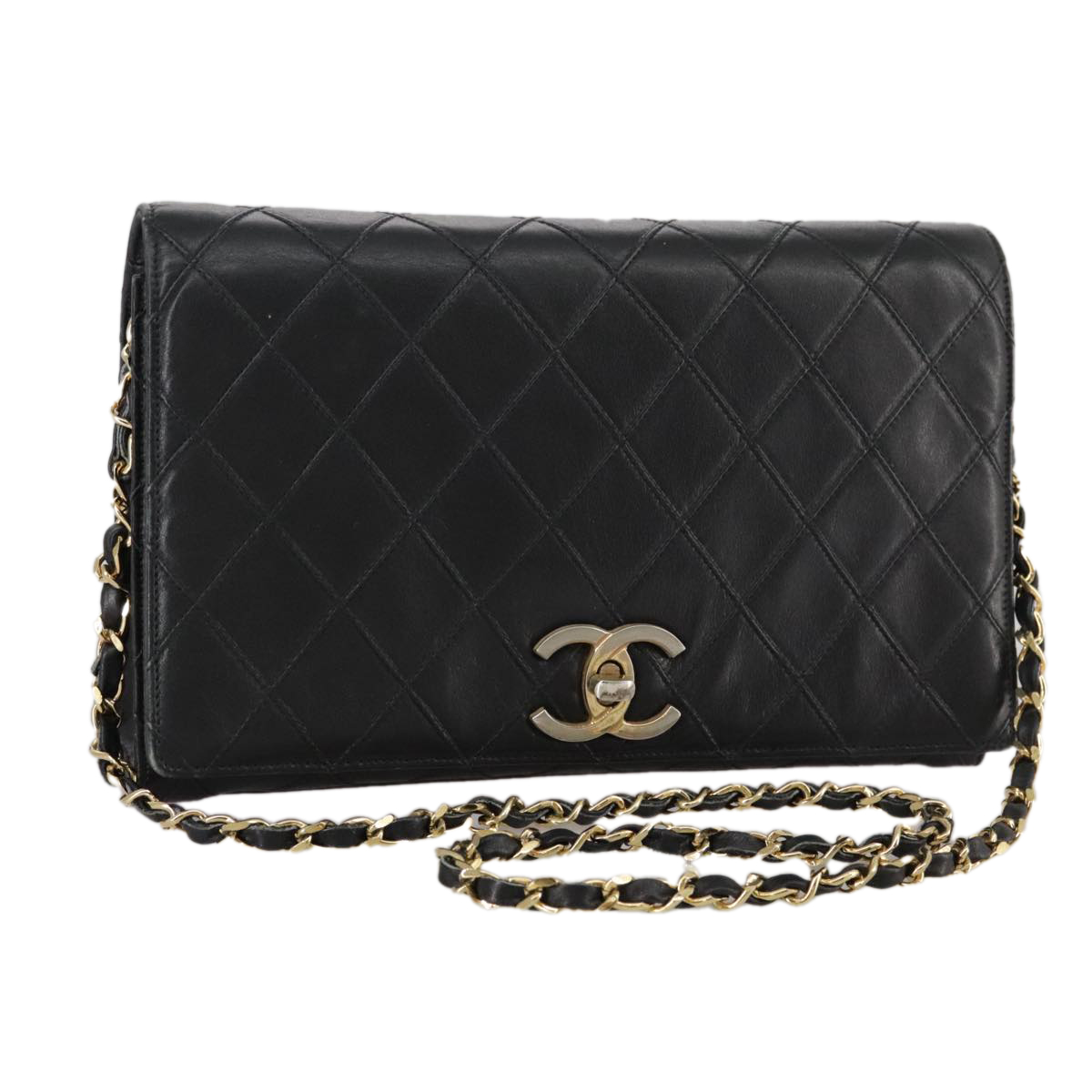 CHANEL Bicolore Chain Matelasse Bag Lamb Skin Black Gold CC Auth bs20905