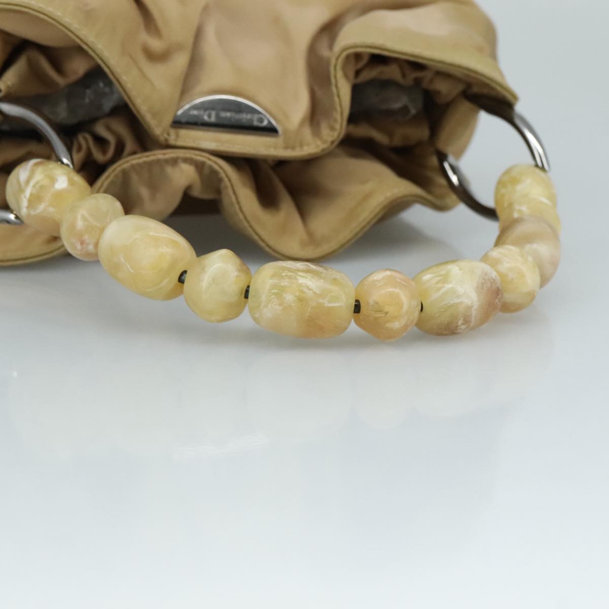 Christian Dior Maris Pearl Hand Bag Nylon Beige Silver Auth