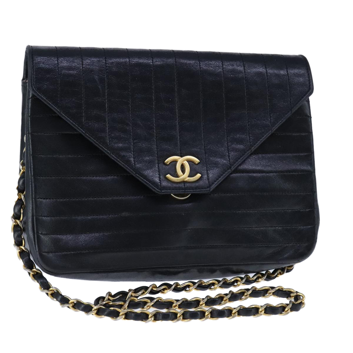 CHANEL Mademoiselle Chain Shoulder Bag Lamb Skin Black Gold CC Auth bs21196