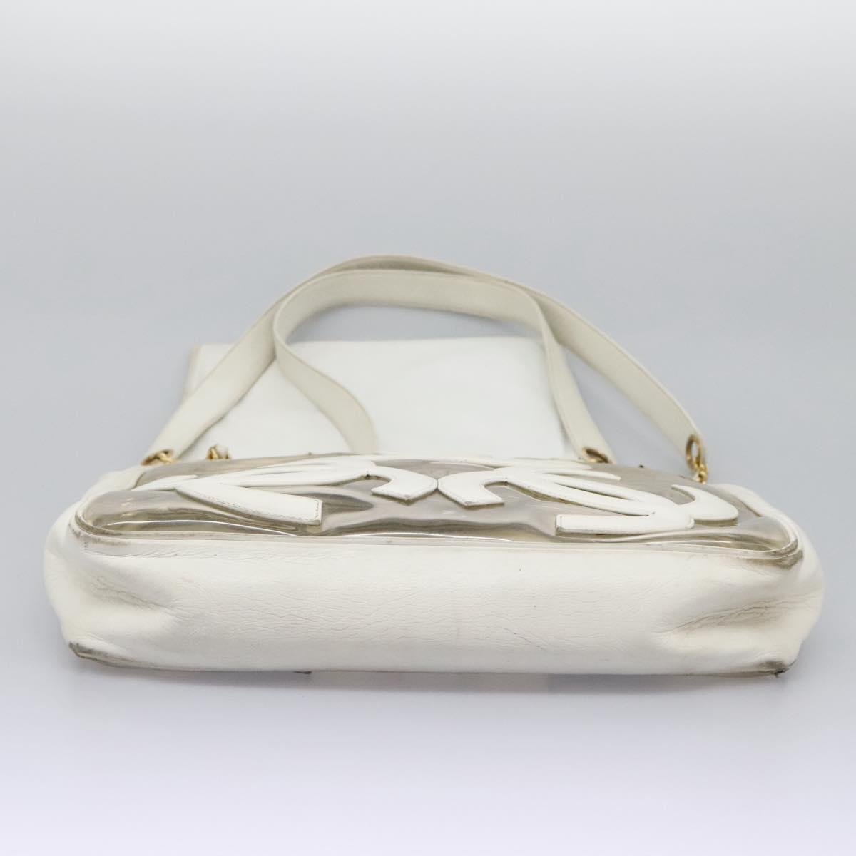 CHANEL Triple Coco Chain Tote Bag Vinyl Leather White Gold CC Auth