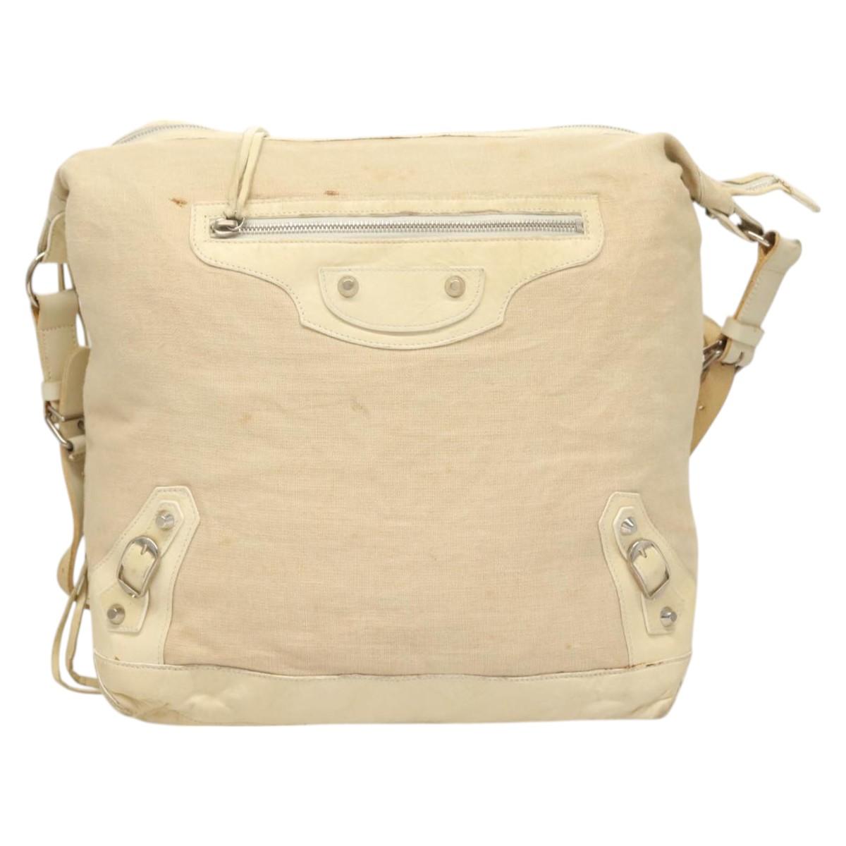 BALENCIAGA The Day Shoulder Bag Canvas Beige Silver 141175 Auth