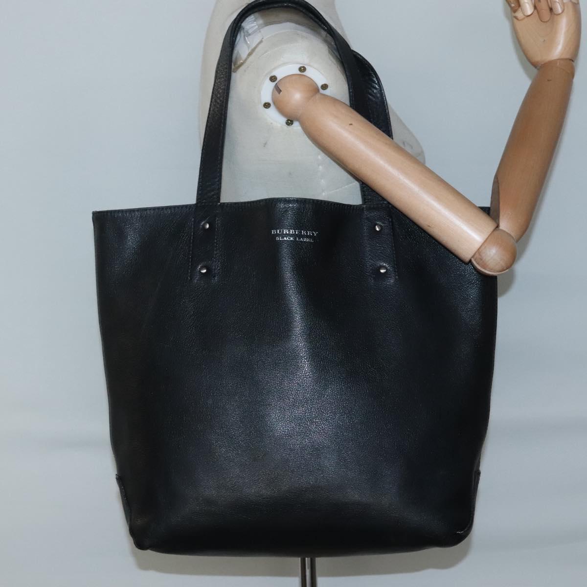 BURBERRY Black Label Tote Bag Leather Black Silver Auth