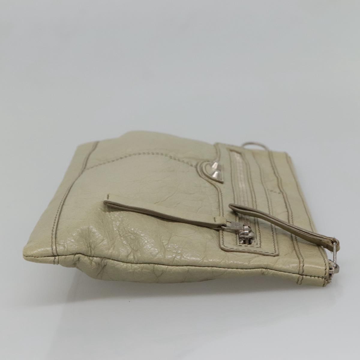 BALENCIAGA Classic Clip M Clutch Bag Leather Beige Silver Auth
