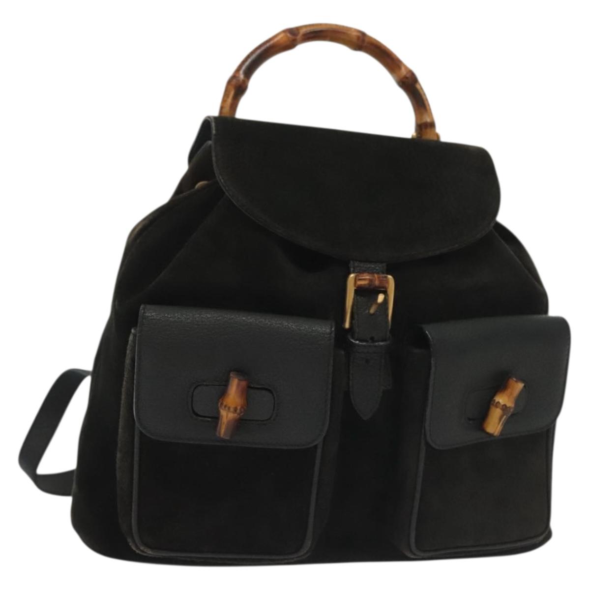GUCCI Bamboo Backpack Suede Black Gold 003 1998 0016 Auth 