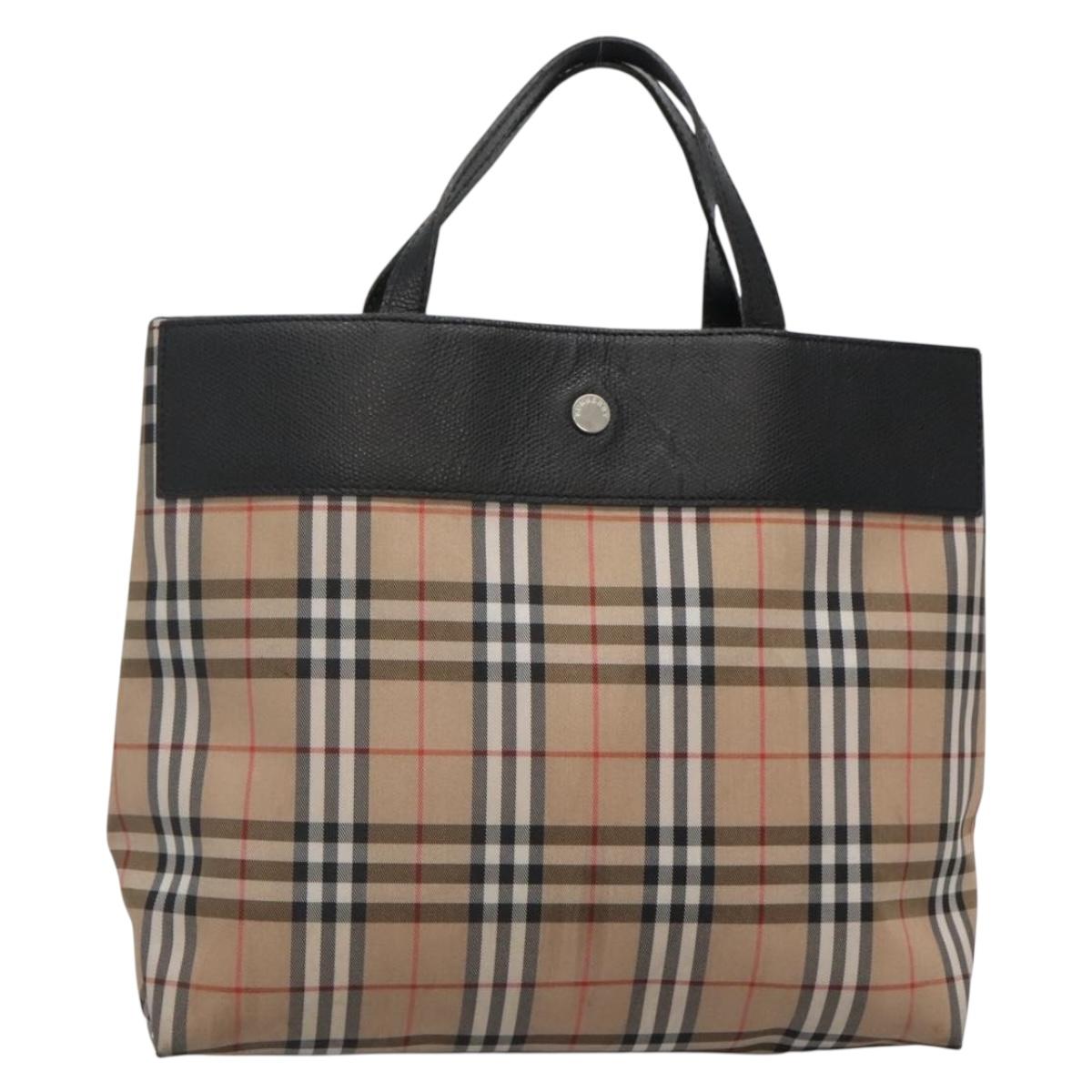 BURBERRY Nova Check Hand Bag Nylon Leather Beige Silver Auth