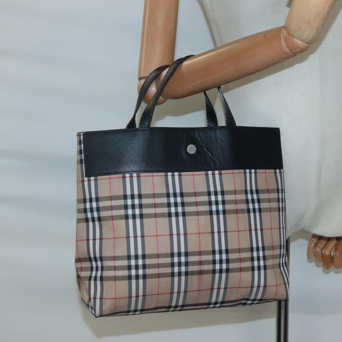 BURBERRY Nova Check Hand Bag Nylon Leather Beige Silver Auth
