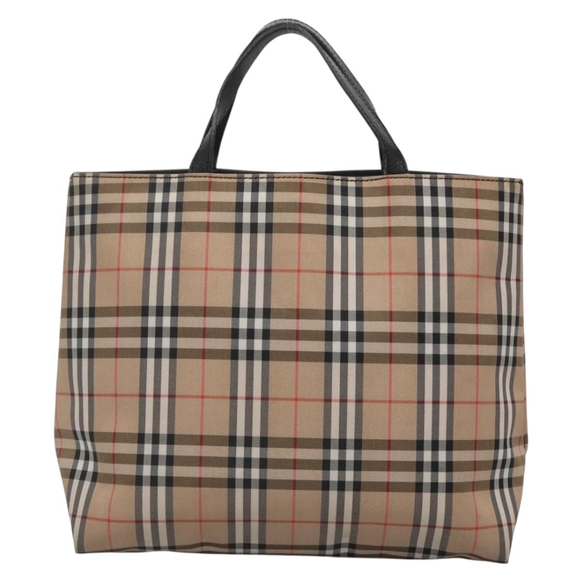 BURBERRY Nova Check Hand Bag Nylon Leather Beige Silver Auth