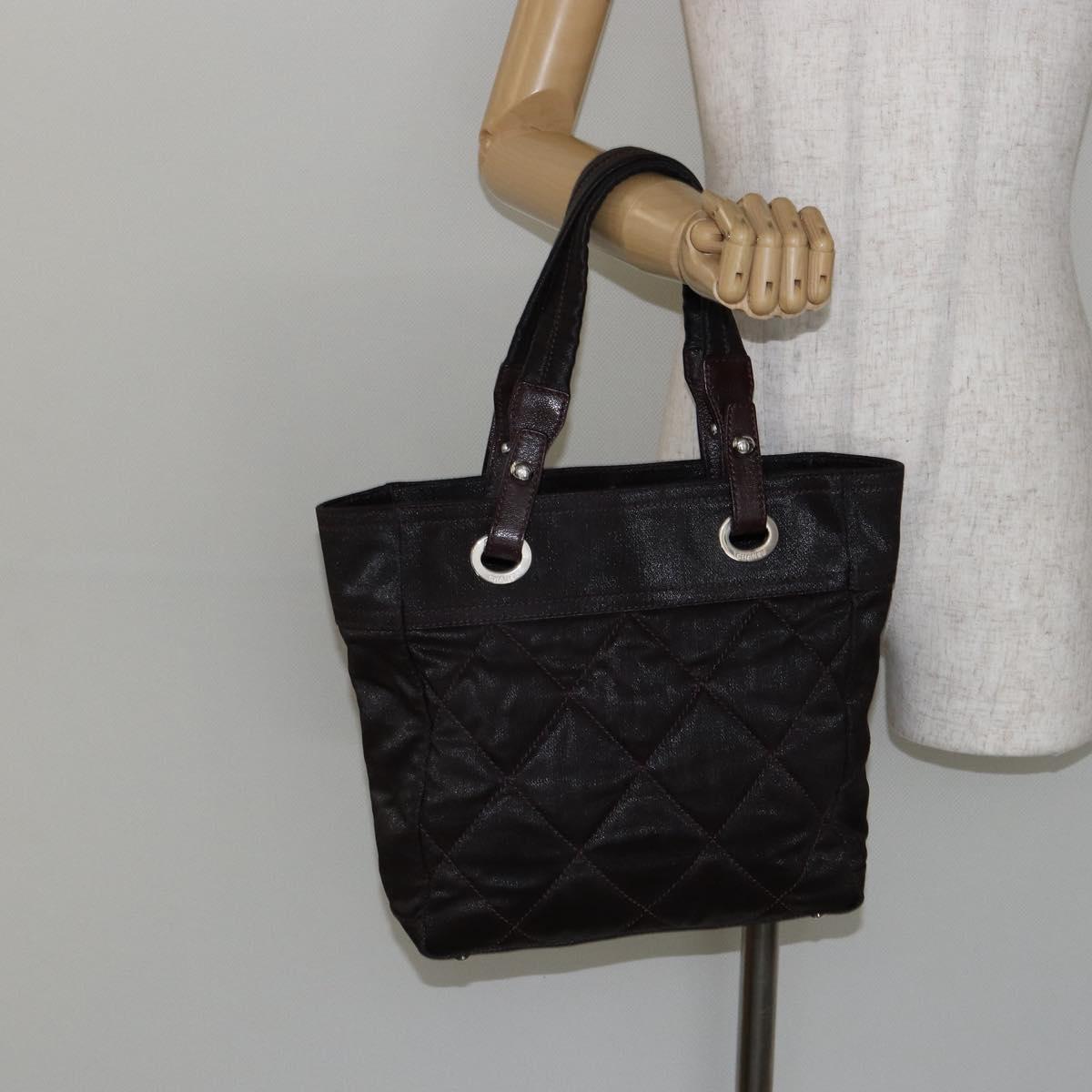 CHANEL Paris Biarritz Tote Bag Coated Canvas Dark Brown Silver CC