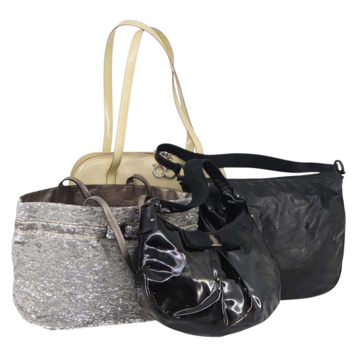 Salvatore Ferragamo Bag Leather Sequin PVC 4 Set Black Beige