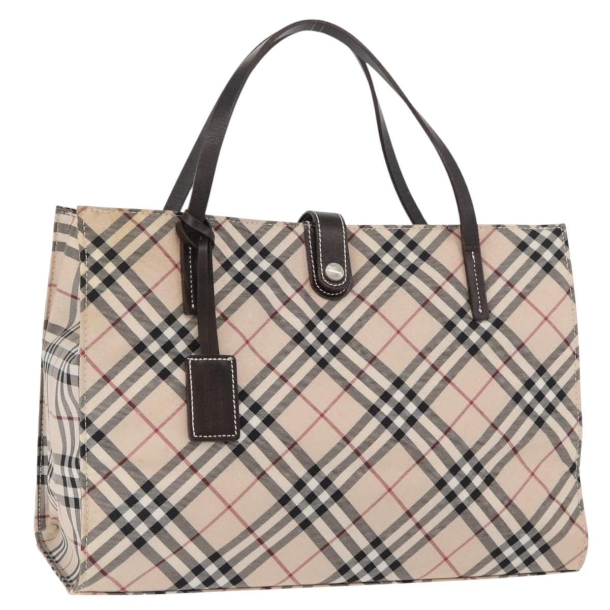 BURBERRY Nova Check Blue Label Hand Bag Nylon Beige Silver Auth