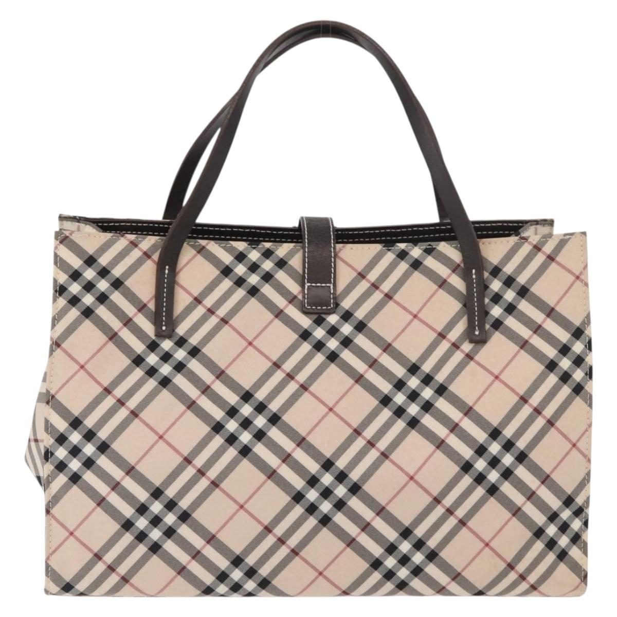 BURBERRY Nova Check Blue Label Hand Bag Nylon Beige Silver Auth