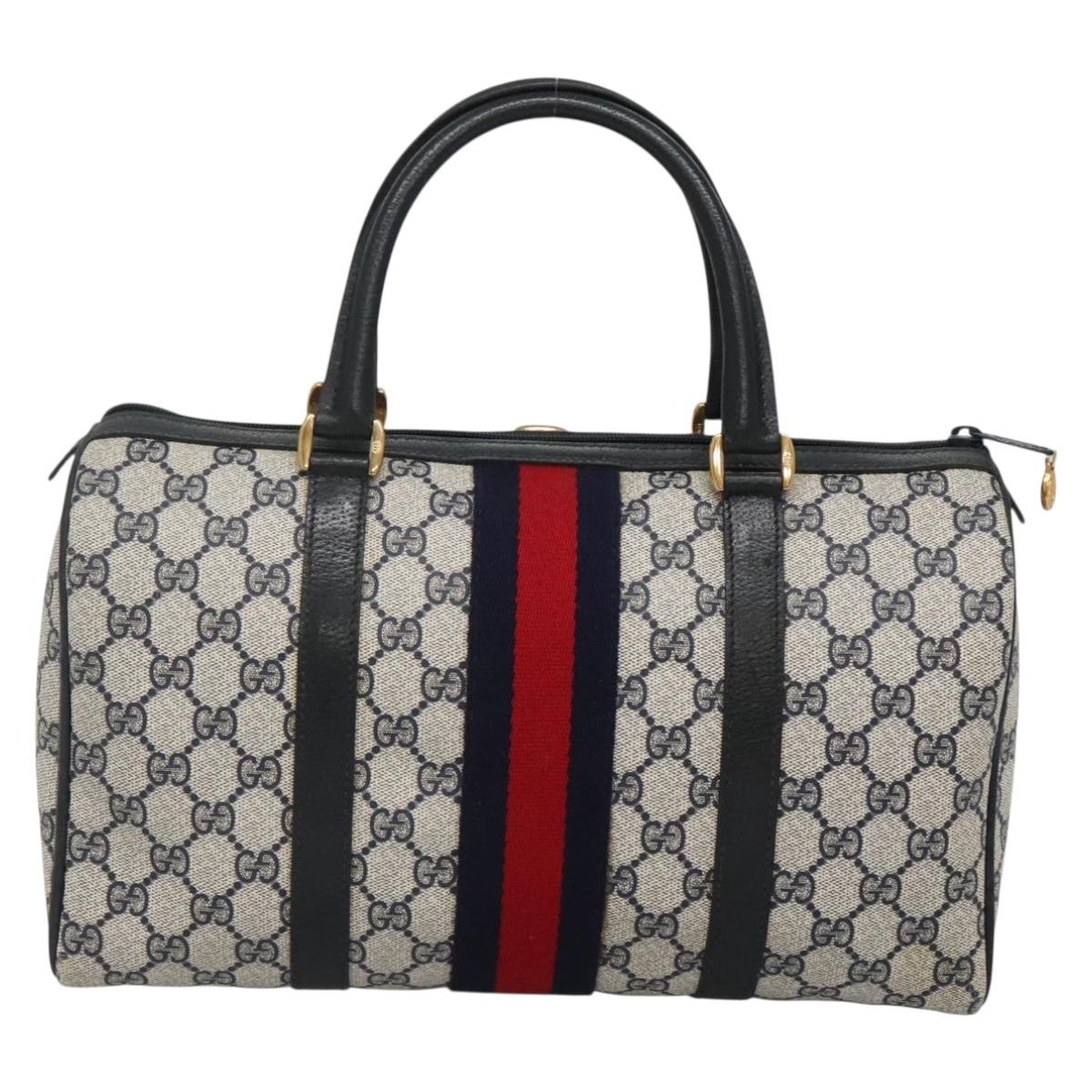 GUCCI GG Supreme Sherry Line Boston Bag PVC Navy Gold Auth ep10844