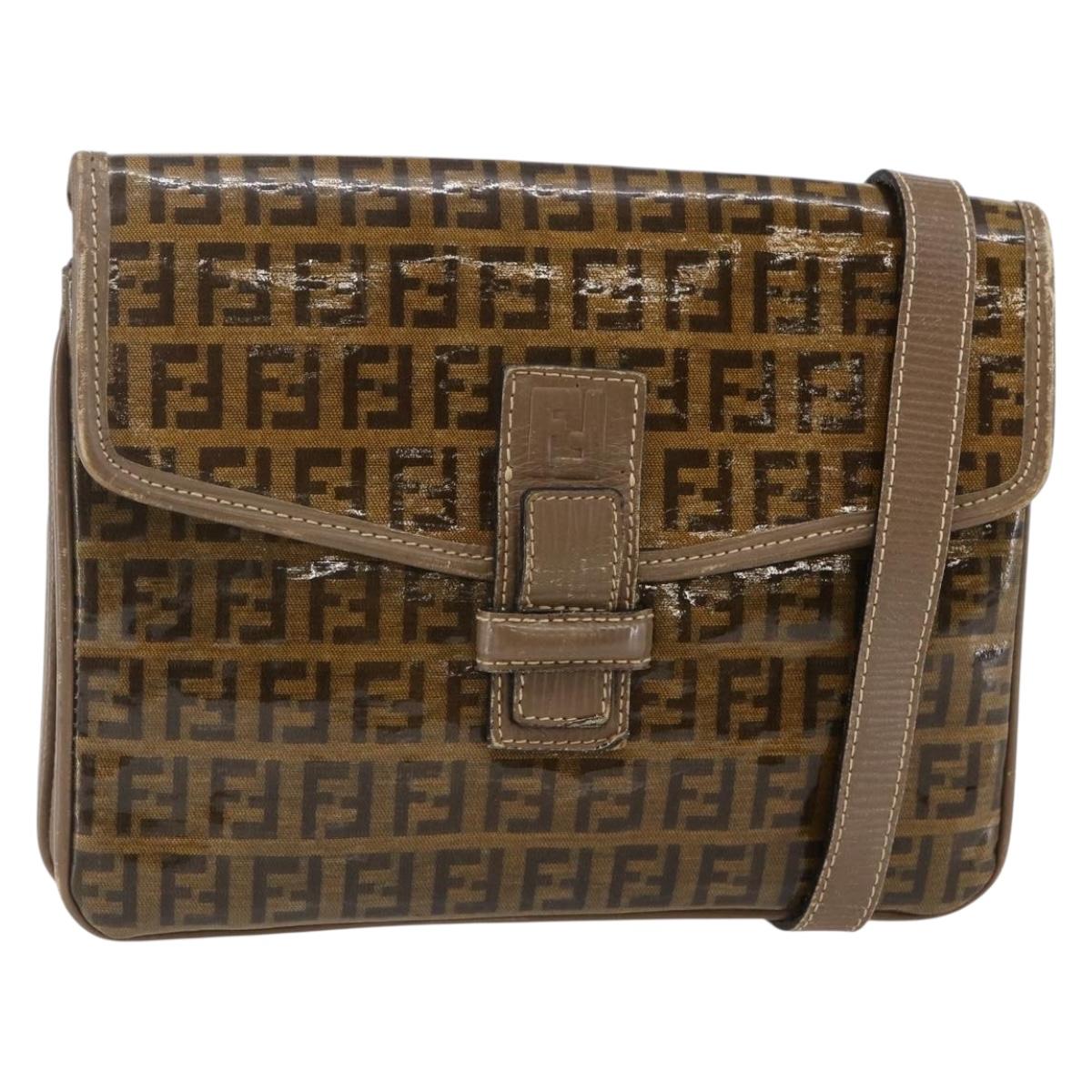 FENDI Zucchino Canvas Shoulder Bag Coated Canvas Beige Auth