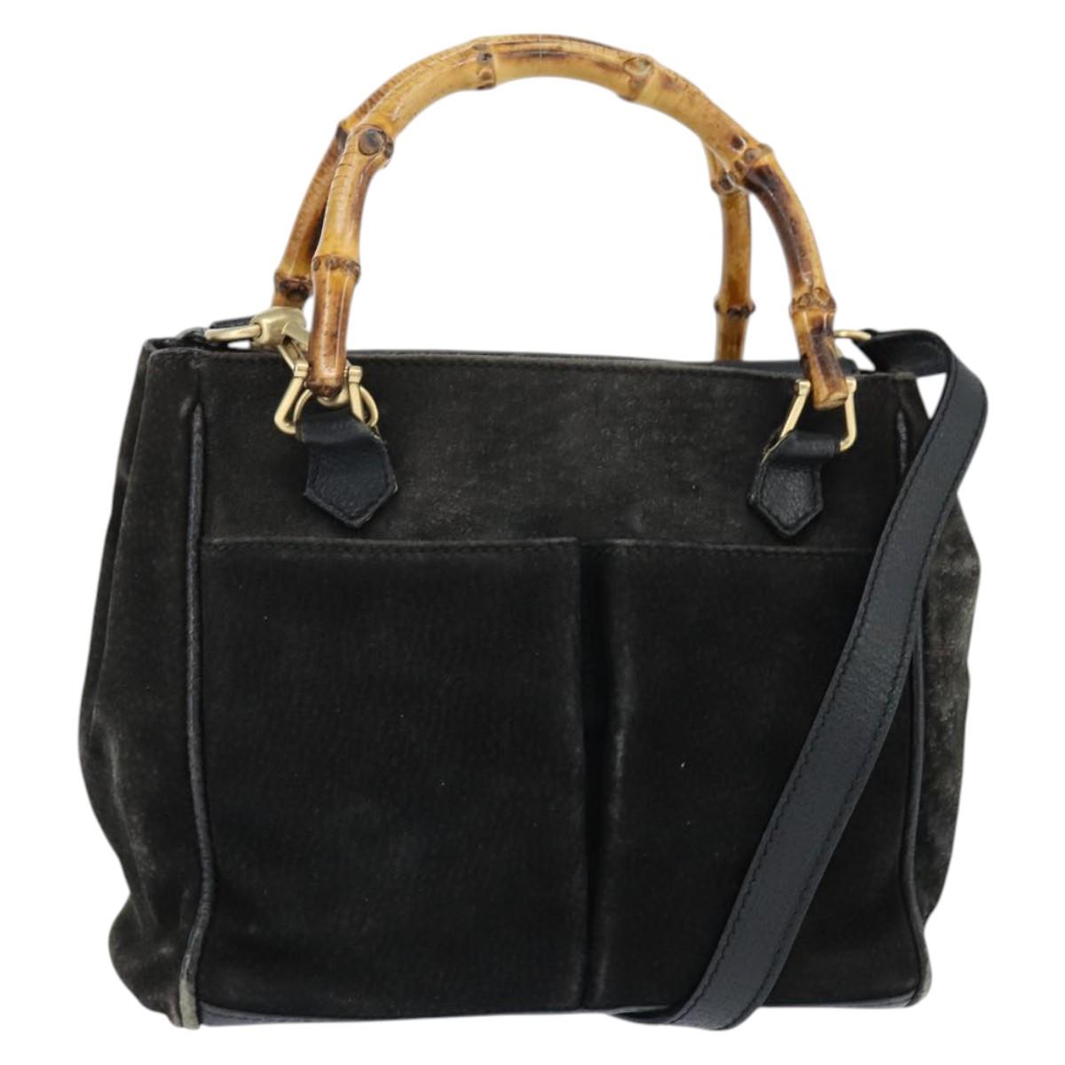 GUCCI Bamboo Hand Bag Leather Black Gold 000 1046 0290 Auth