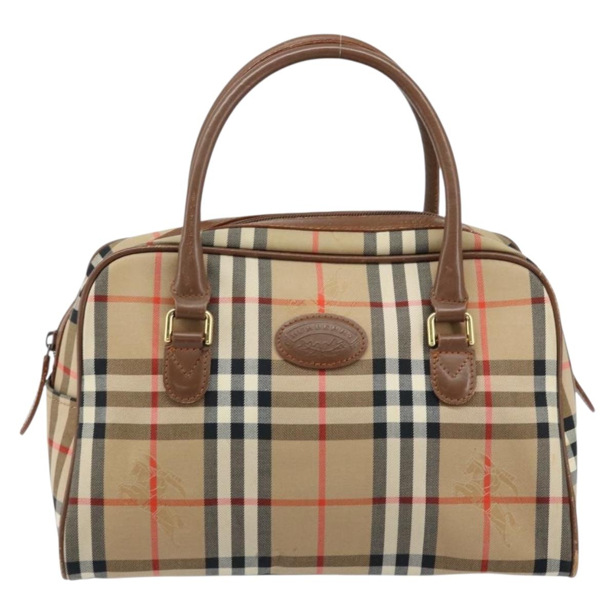 BURBERRY Nova Check Boston Bag Canvas Leather Beige Gold Auth