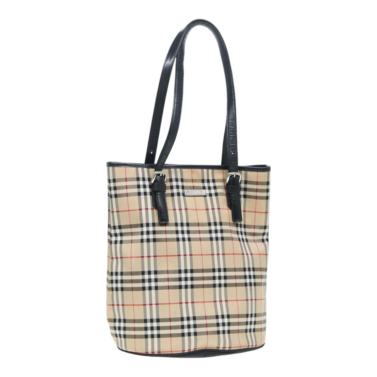 Burberrys Nova Check Blue Label Tote Bag Nylon Beige Silver
