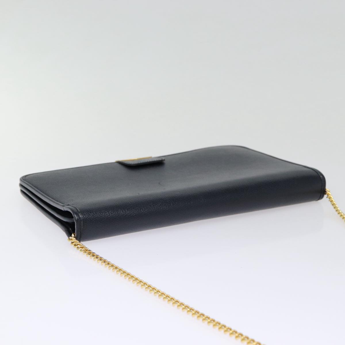Christian Dior Chain Shoulder Bag Leather Black Gold Auth