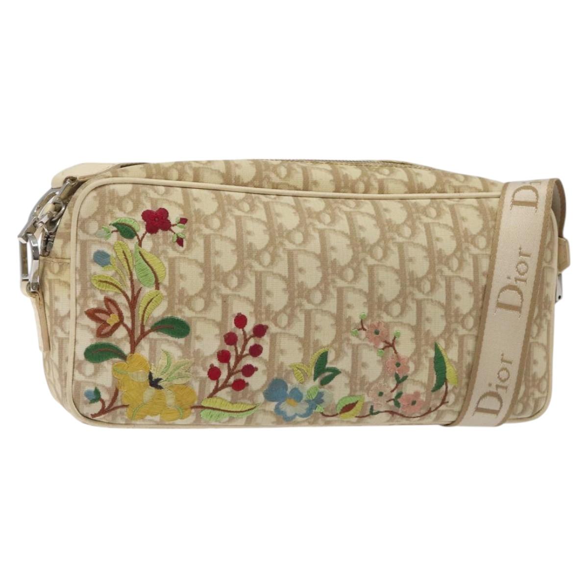 Christian Dior Trotter Canvas Flower Shoulder Bag Beige Silver