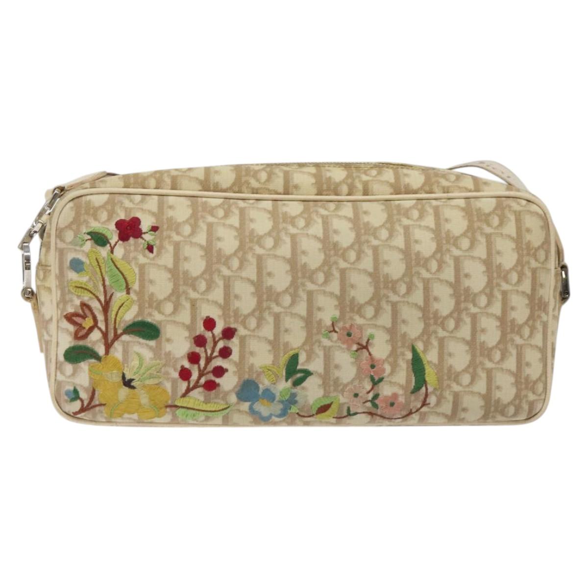 Christian Dior Trotter Canvas Flower Shoulder Bag Beige Silver
