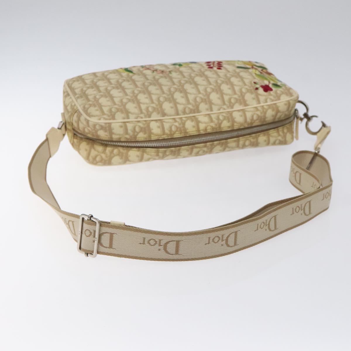 Christian Dior Trotter Canvas Flower Shoulder Bag Beige Silver
