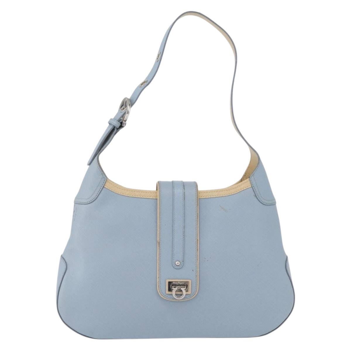 Salvatore Ferragamo Gancini Shoulder Bag Leather Light Blue Silver