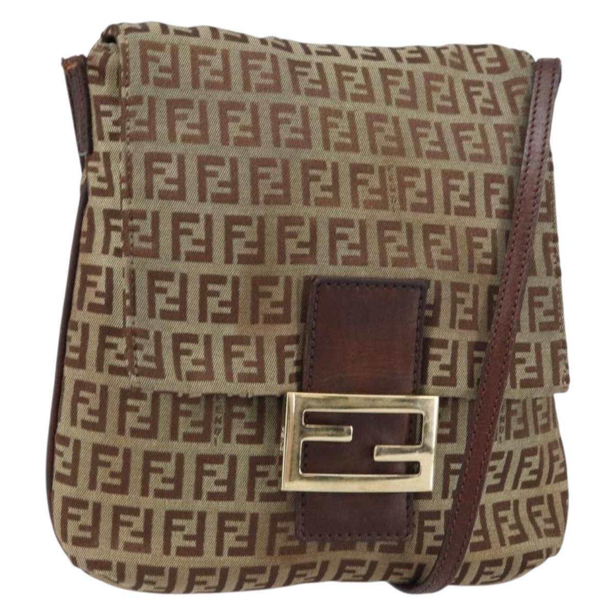 FENDI Zucchino Canvas Mamma Baguette Shoulder Bag Brown Gold Auth