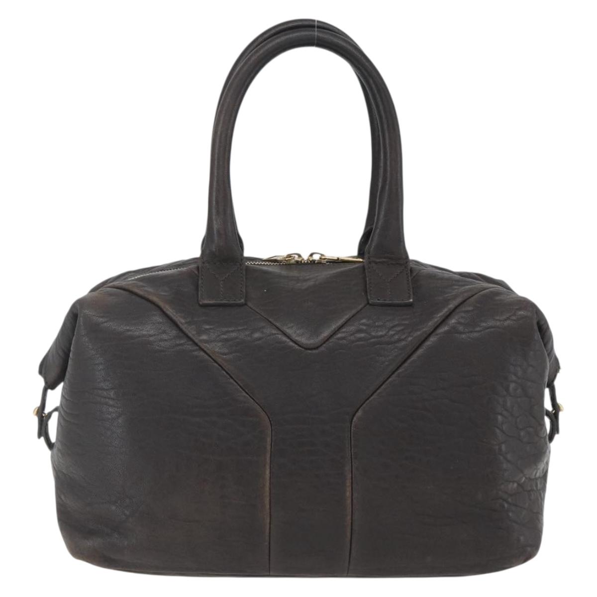 SAINT LAURENT Easy Boston Bag Leather Dark Brown Gold Auth gh1693