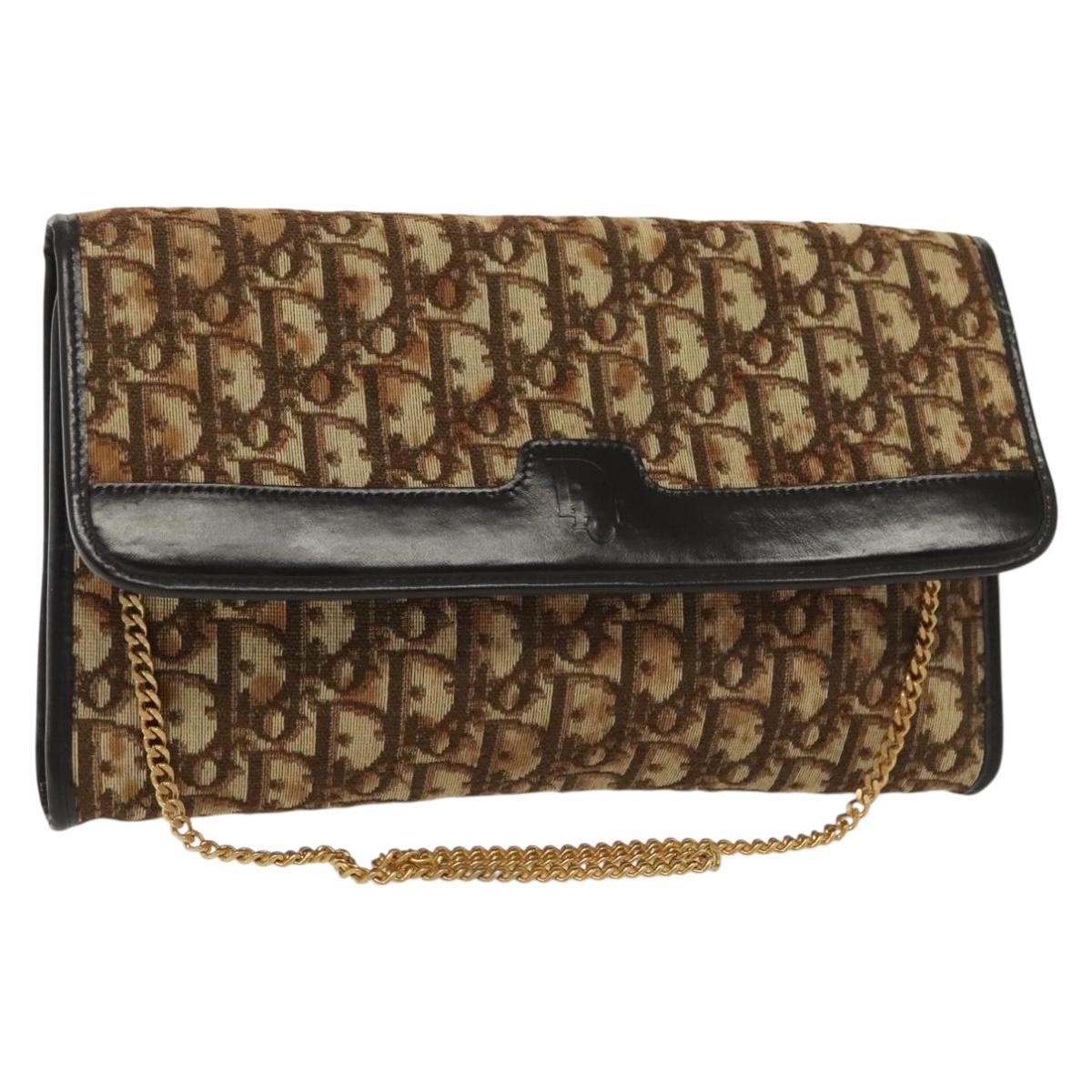 Christian Dior Trotter Canvas Chain Shoulder Bag Brown Gold Auth