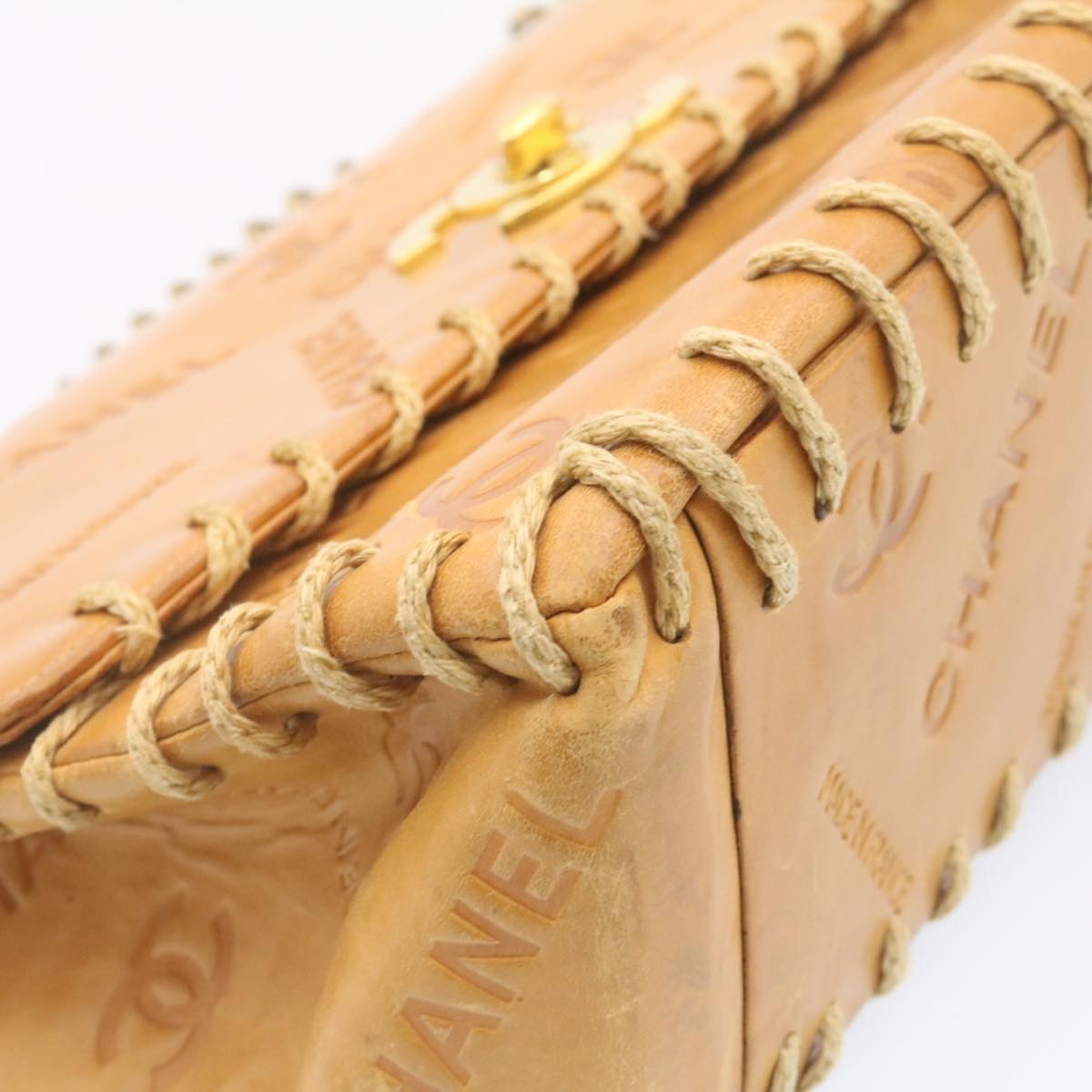 CHANEL Raffia Chain Flap Shoulder Bag Leather Beige CC Auth