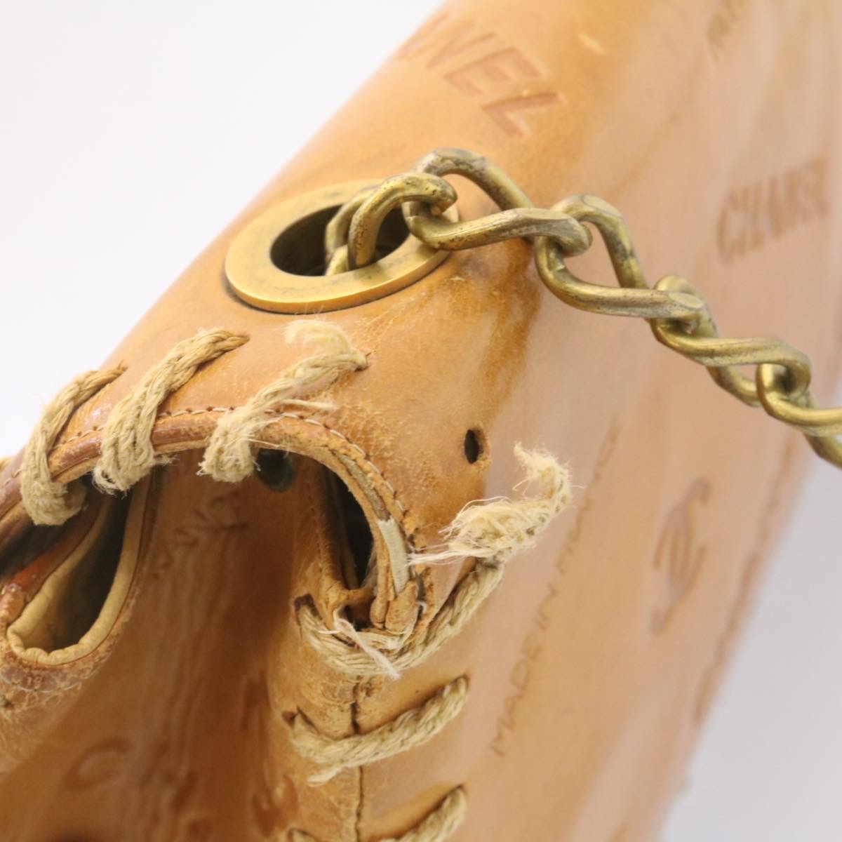 CHANEL Raffia Chain Flap Shoulder Bag Leather Beige CC Auth