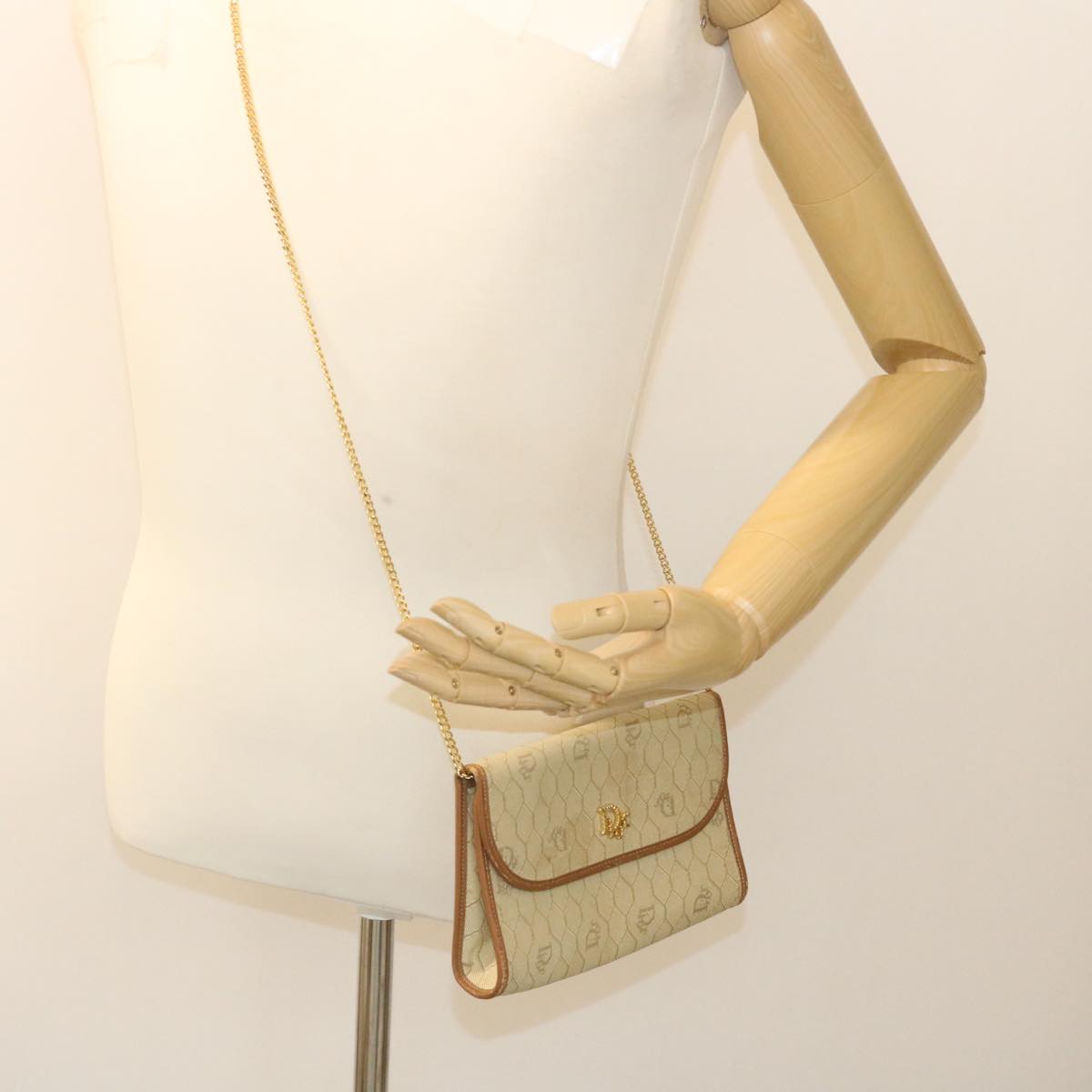 Christian Dior Honeycomb Chain Shoulder Bag Canvas Beige