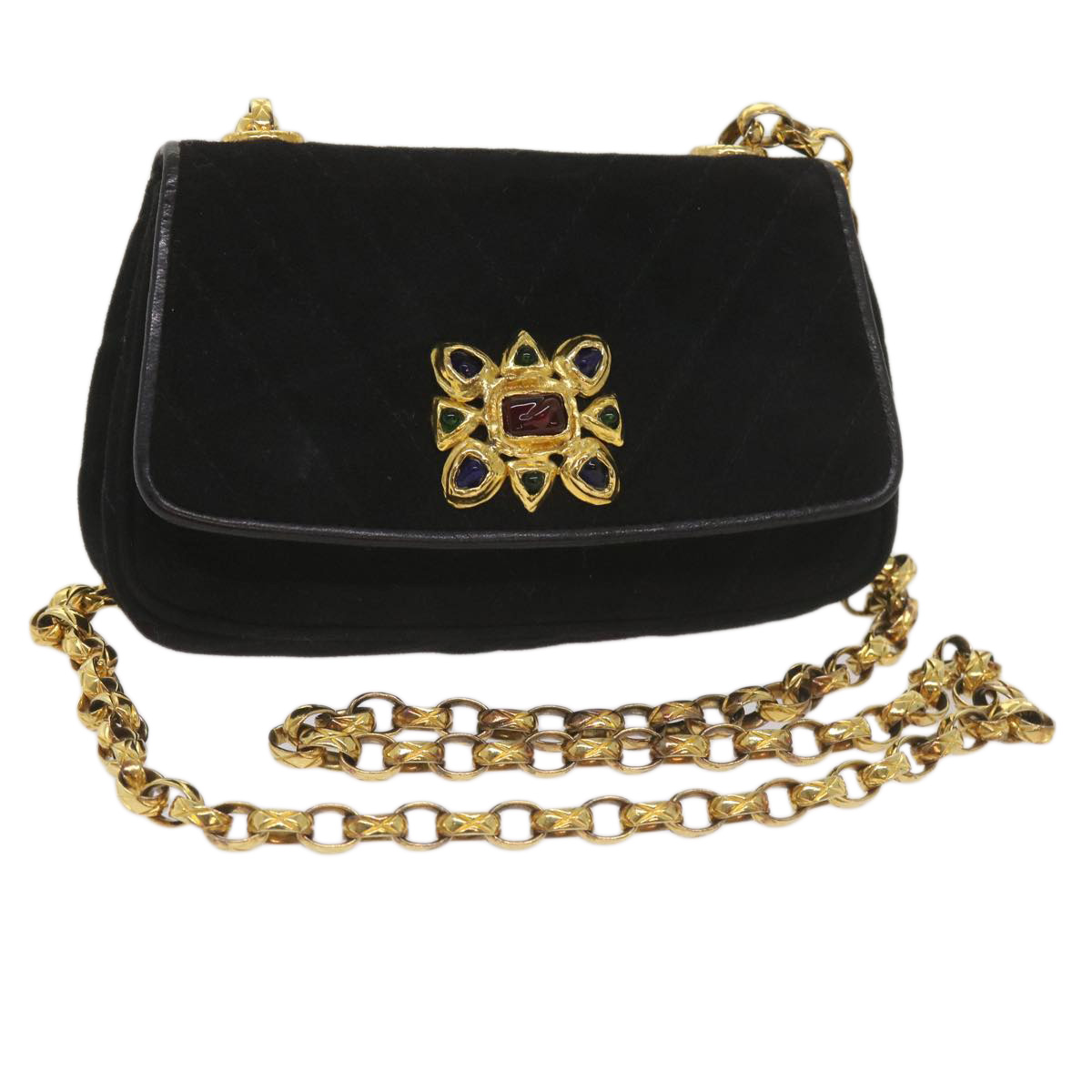 CHANEL Chain Gripoix Shoulder Bag Suede Black CC Auth hk1073