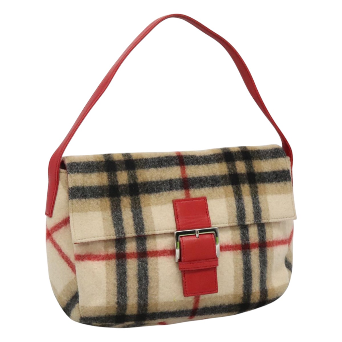 Burberrys Nova Check Blue Label Shoulder Bag Wool Beige Red Silver