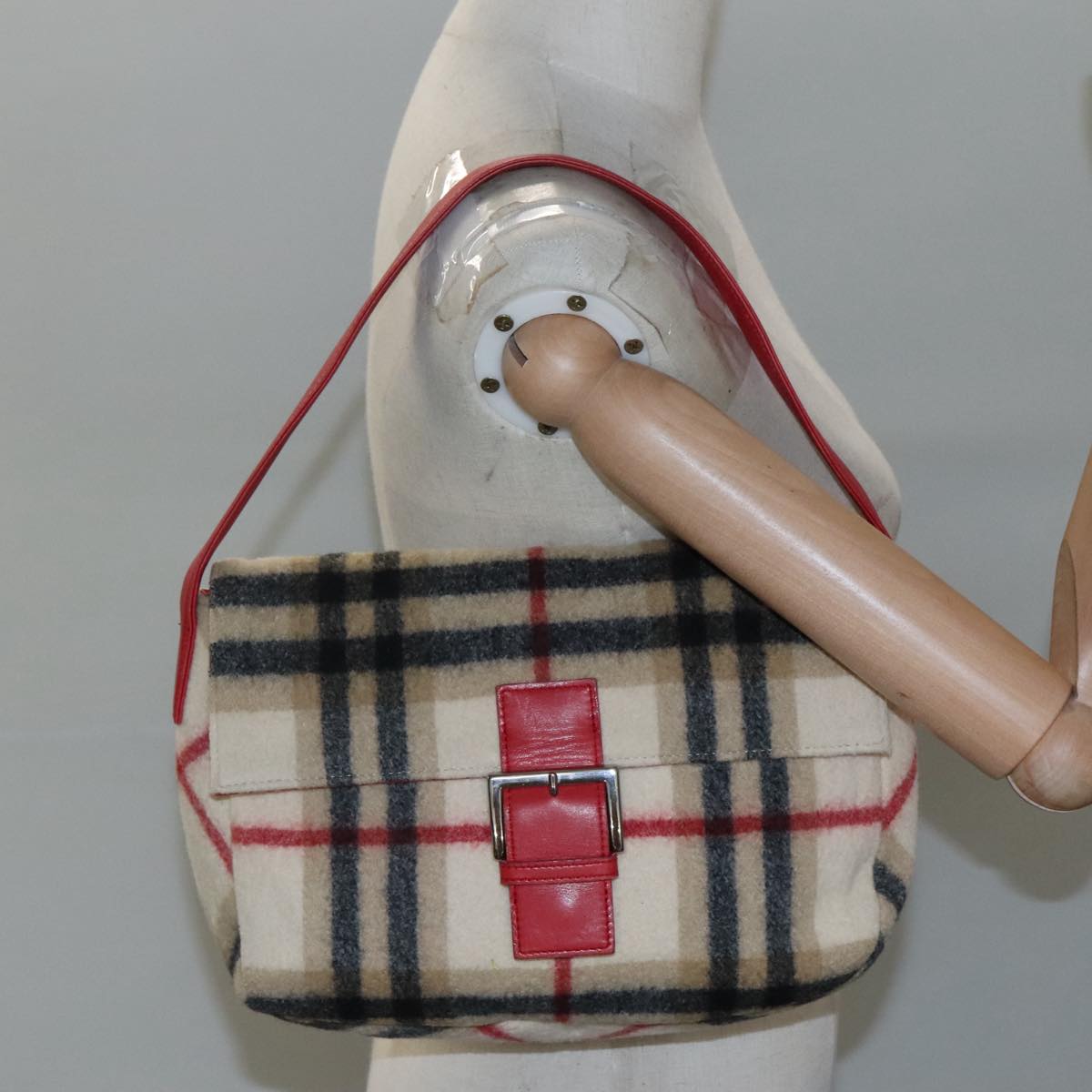 Burberrys Nova Check Blue Label Shoulder Bag Wool Beige Red Silver