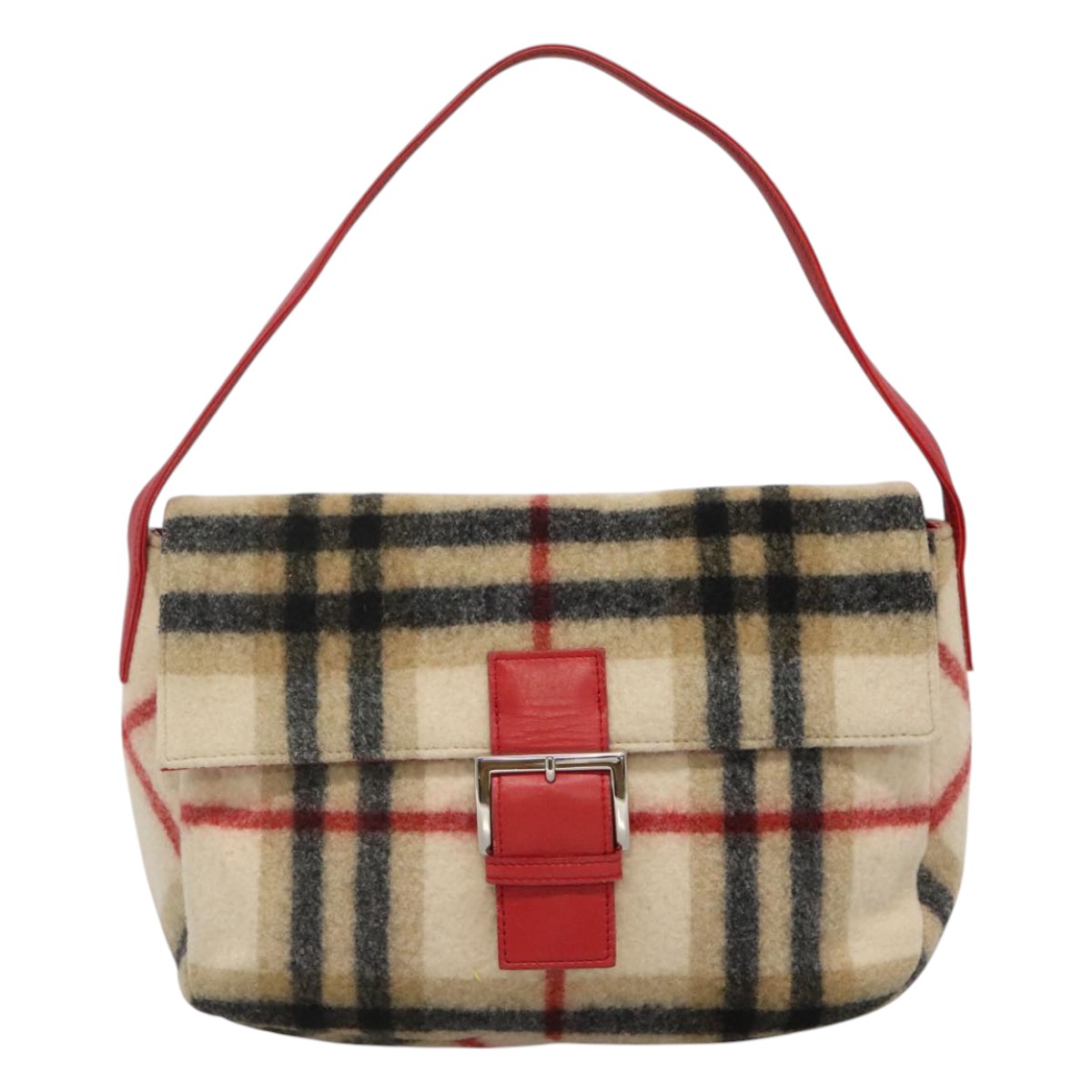 Burberrys Nova Check Blue Label Shoulder Bag Wool Beige Red Silver