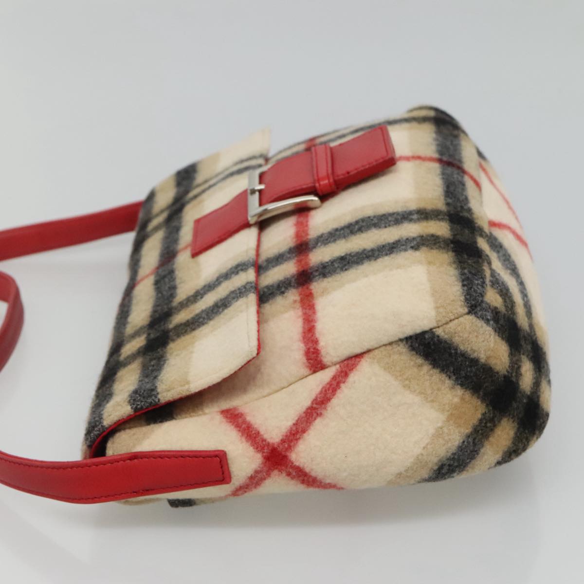 Burberrys Nova Check Blue Label Shoulder Bag Wool Beige Red Silver