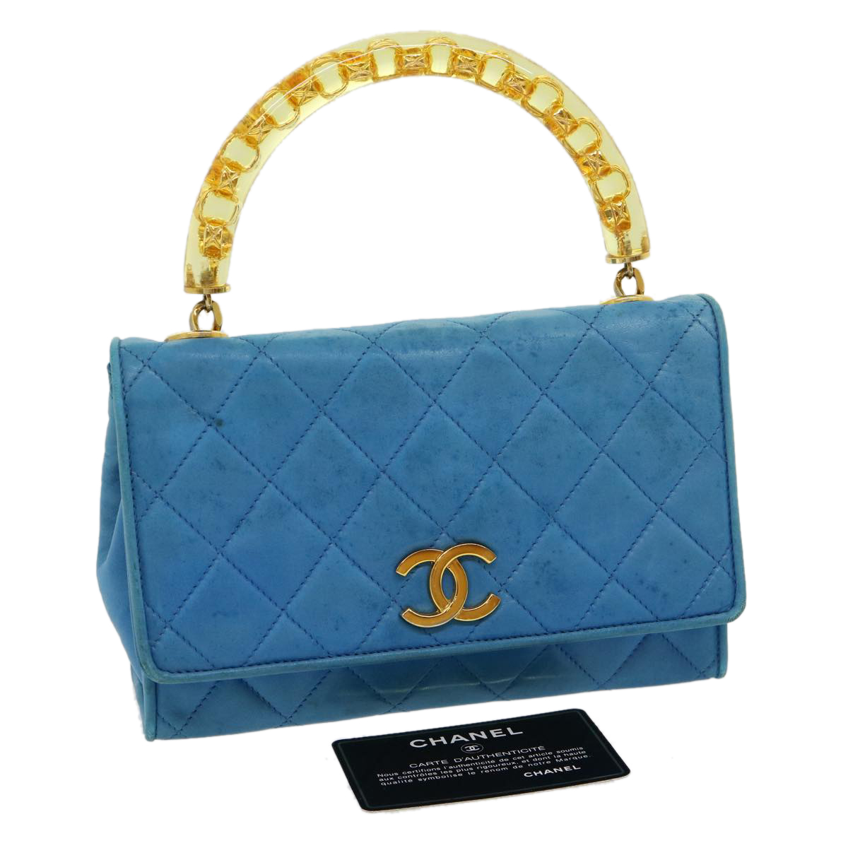 CHANEL Hand Bag Lamb Skin Blue CC Auth hk455A